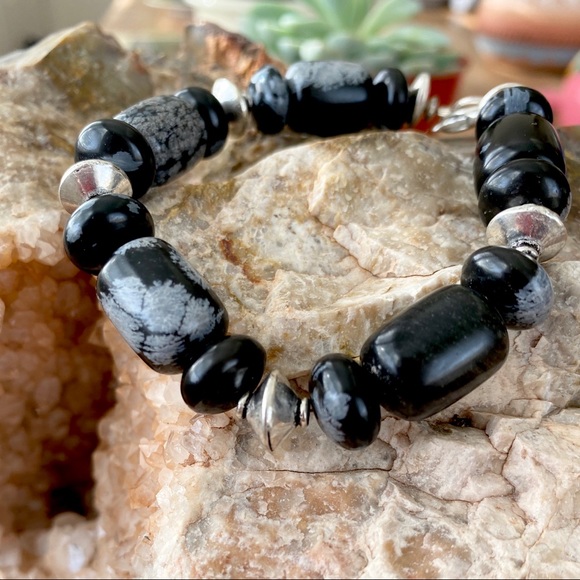 Snowflake obsidian and sterling silver bracelet - Picture 3 of 5